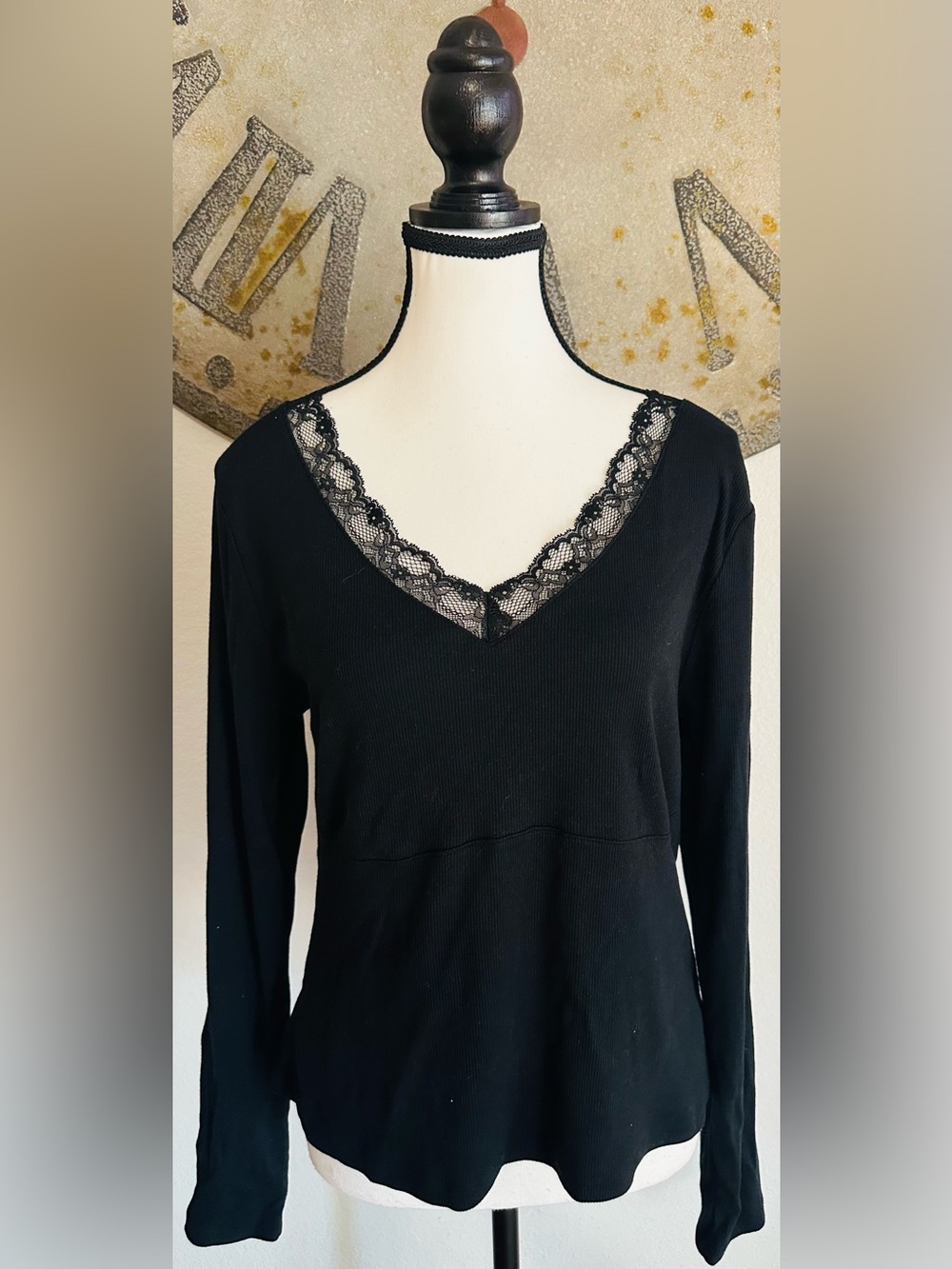 a new day Black Lace-Trim V-Neck Long Sleeve Top